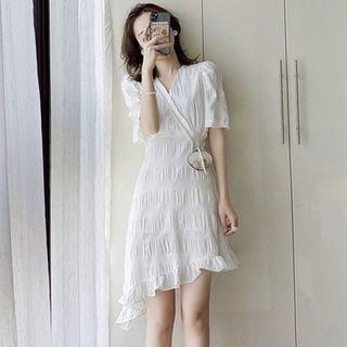 Short Sleeve V-neck Ruched Asymmetrical Hem Sheath Dress