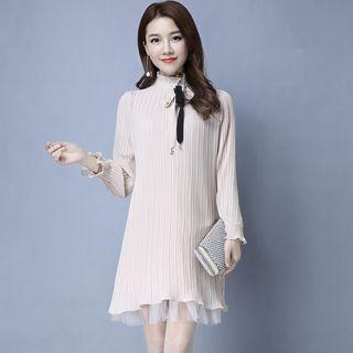 Long-sleeve Pleated Chiffon A-line Dress