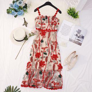 Embroidered Midi Spaghetti Strap Dress As Shown In Figure - One Size