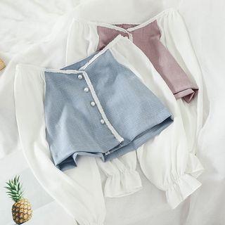 Balloon-sleeve Faux Pearl Cropped Blouse