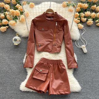 Set Of 2 : Zip Up Faux Leather Jacket + High-waist Pocket Faux Leather Shorts