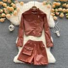 Set Of 2 : Zip Up Faux Leather Jacket + High-waist Pocket Faux Leather Shorts