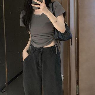 Short-sleeve Drawstring Crop Top / Baggy Jeans
