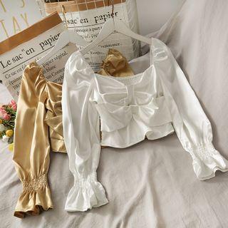 Satin Boatneck Ribbon Crop Top