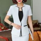Contrast Trim Short-sleeve Blazer / Plain Camisole Top / Mini Pencil Skirt