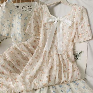 Ribbon-accent Pearl-trim Printed Midi Dress