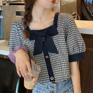 Puff-sleeve Bow-accent Plaid Buttoned Crop Top
