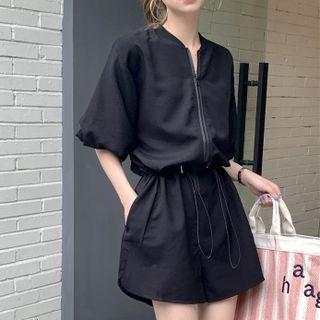 Puff-sleeve Drawstring Romper