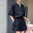 Puff-sleeve Drawstring Romper