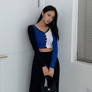 Color-block Cropped Slim Cardigan