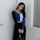 Color-block Cropped Slim Cardigan