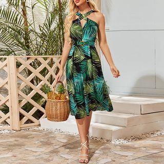 Halter Leaf Print A-line Dress