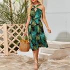 Halter Leaf Print A-line Dress