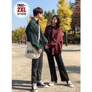 Couple Drop-shoulder Gingham Shirt