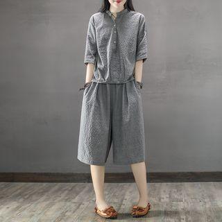 Set: Plaid Elbow-sleeve Top + Capri Wide Leg Pants