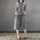 Set: Plaid Elbow-sleeve Top + Capri Wide Leg Pants