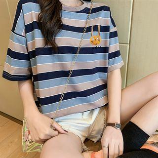 Short-sleeve Striped Rabbit Print T-shirt