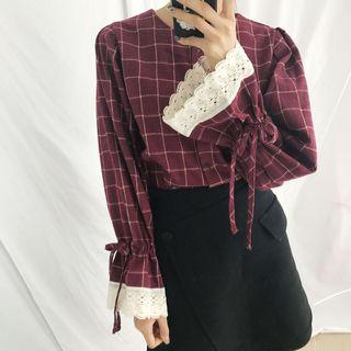 Lace-trim Plaid Buttoned Blouse