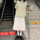Elbow-sleeve Collared Blouse / Lace Vest / Midi A-line Skirt