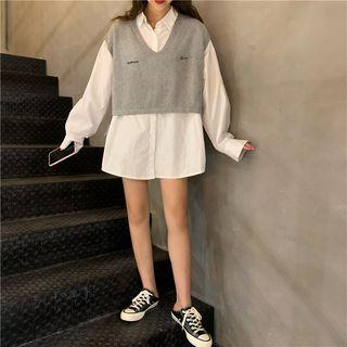 Long-sleeve Plain Shirt / V-neck Cropped Knit Vest