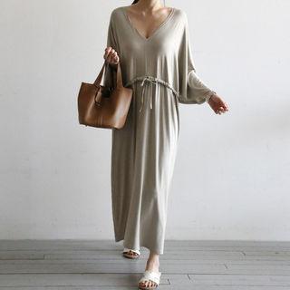 Batwing-sleeve Drawcord-waist Long Dress