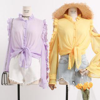 Off-shoulder Ruffled-trim Sheer Blouse