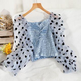 Long-sleeve Dotted Mesh Shirred Frill Trim Crop Top
