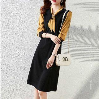 Mock Two-piece Tie-neck Midi A-line Dress
