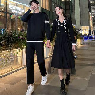 Couple Matching Long-sleeve Collared Midi A-line Dress / Cropped Straight Leg Pants