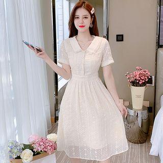 Short-sleeve Collar Lace Midi A-line Dress
