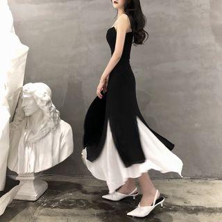 Mock Two-piece V-neck Spaghetti Strap Midi Dress