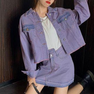 Pocket Detail Denim Jacket / Distressed Mini A-line Skirt