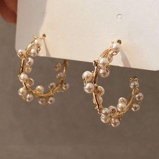 Faux Pearl Hoop Drop Earring 1 Pair - Silver Needle - C-shaped Earring - Faux Pearl - One Size
