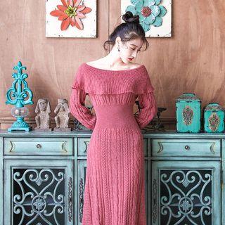 Long-sleeve Knit Midi Sheath Dress Dark Brick Red - One Size