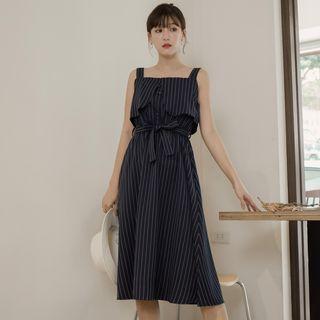 Sleeveless Pinstriped Ruffle Midi A-line Dress
