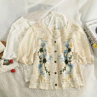 Embroidered Open-knit Blouse