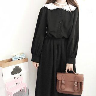 Collared Long-sleeve Midi Dress Black - One Size
