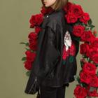 Embroidered Faux Leather Biker Jacket