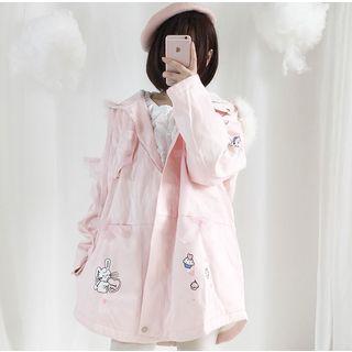 Rabbit Print Faux Fur Trim Hooded Parka Light Pink - One Size