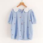 Elbow-sleeve Collared Gingham Blouse Blue & White - One Size