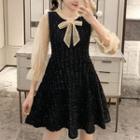 3/4-sleeve Ribbon-neck A-line Dress