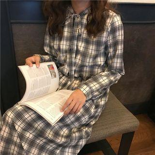 Plaid Long-sleeve Midi A-line Dress As Shown In Figure - One Size