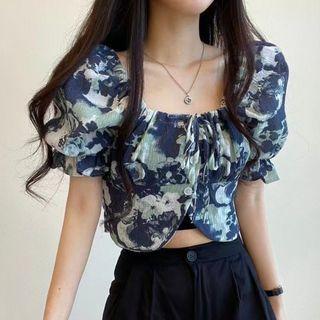 Puff Sleeve Printed Crop Blouse