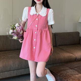 Puff-sleeve Striped Blouse / Overall Dress