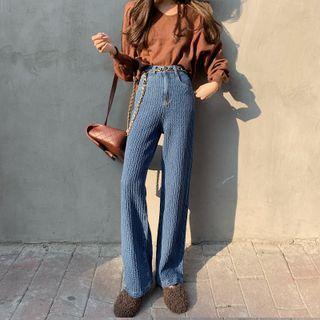 High Waist Textured Straight Leg Denim Jeans