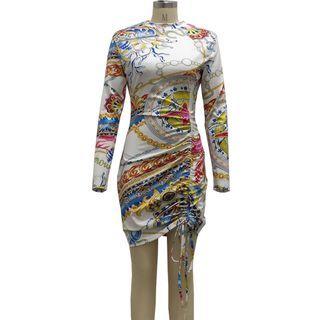 Long-sleeve All-over Print Drawstring Mini Bodycon Dress