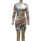 Long-sleeve All-over Print Drawstring Mini Bodycon Dress