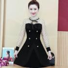 Long-sleeve Dotted Mesh Panel Double-breasted A-line Dress
