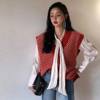 Chevron Stripe Sweater Vest / Tie-accent Long-sleeve Blouse