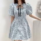 Puff-sleeve Tie-neck Lace Floral Mini A-line Dress